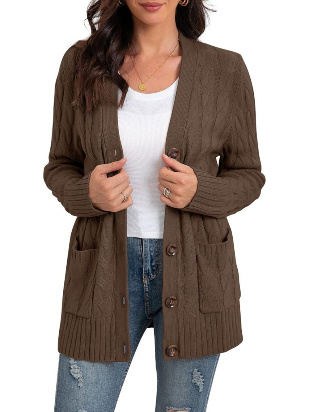 Cozy Long Sleeve Cable Knit Cardigan Sweater with Pockets for Women